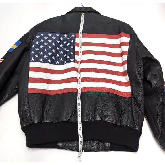 VTG Wilsons Leather Bomber Jacket Men's M Black USA Flag International Flags - Picture 15 of 16
